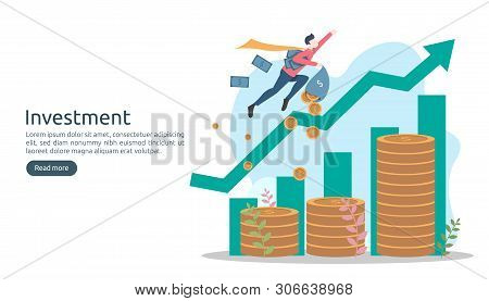 Business Investment Concept. Dollar Pile Coin, Tiny People, Money Object. Graphic Chart Increase. Fi