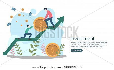 Business Investment Concept. Dollar Pile Coin, Tiny People, Money Object. Graphic Chart Increase. Fi