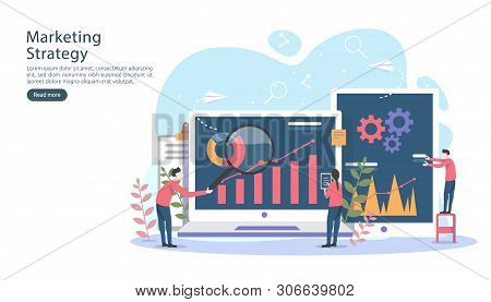 Digital Marketing Strategy Concept With Tiny People Character, Table, Graphic Object On Computer Scr