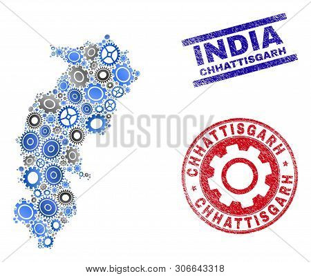 Gear Vector Chhattisgarh State Map Mosaic And Seals. Abstract Chhattisgarh State Map Is Created From