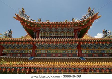 Low Angle View Of The Beautiful Decorated Roof Of The Thean Hou Temple In Kuala Lumpur, Malaysia