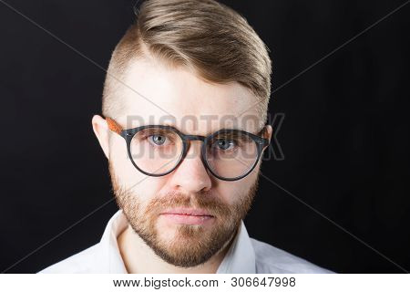 Portrait, Guy And Business People Concept - Handsome Seriousman With Glasses In White Shirt Looking 