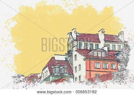 Watercolor Sketch Or Illustration Of A Beautiful View Of European Old Apartment Buildings
