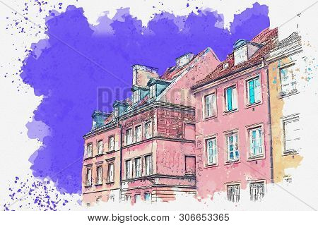 Watercolor Sketch Or Illustration Of A Beautiful View Of European Old Apartment Buildings
