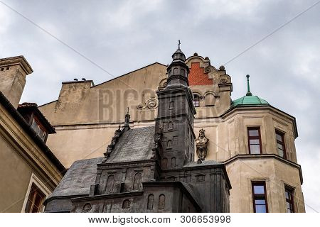 Lublin, Poland - May 14, 2019: In Place Of The Ruins Is A Model Of The Church, Made Of Metal.