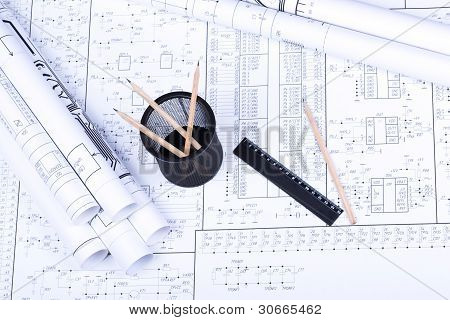 Blueprint basket ruler and pencil on drawing