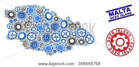 Workshop Vector Gozo Island Map Collage And Seals. Abstract Gozo Island Map Is Designed From Gradien