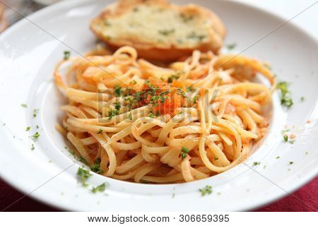 Japanese Pasta Mentaiko Spaghetti In Close Up