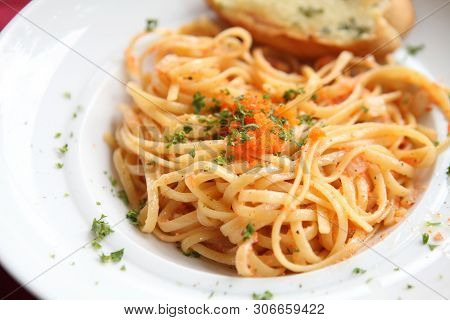 Japanese Pasta Mentaiko Spaghetti In Close Up