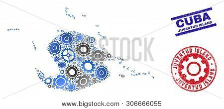 Repair Workshop Vector Juventud Island Map Mosaic And Stamps. Abstract Juventud Island Map Is Organi