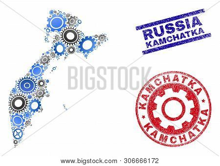 Cog Vector Kamchatka Map Mosaic And Seals. Abstract Kamchatka Map Is Done With Gradient Scattered Co