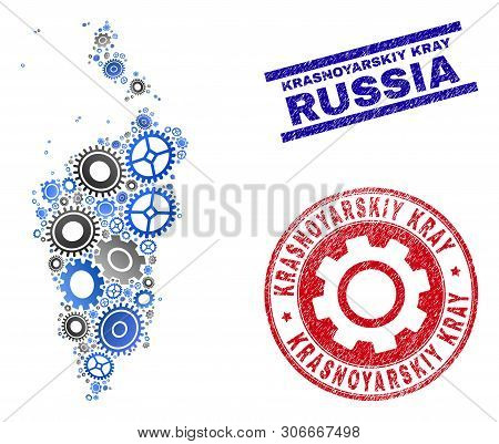 Repair Service Vector Krasnoyarskiy Kray Map Collage And Stamps. Abstract Krasnoyarskiy Kray Map Is 