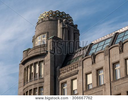 Prague, Czech Republic - June 9 2019: Koruna Palace Building On Saint Wenceslas Square. A Famous Art