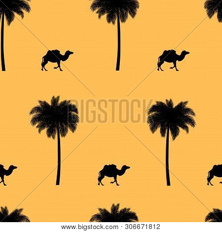 Tropical Seamless Pattern. Camel And Palm Tree Silhouettes On Yellow Isolated Background.