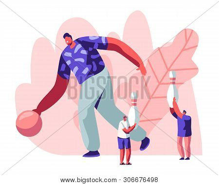 Male Character Playing Bowling, Huge Man Throw Ball, Tiny People Moving With Pins. Leisure, Active L