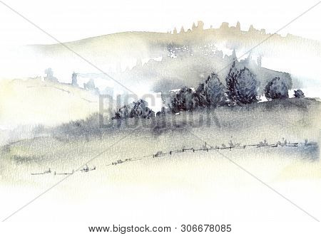 Tuscan Farmland And Fogg Hills Landscape Watercolor Painting.