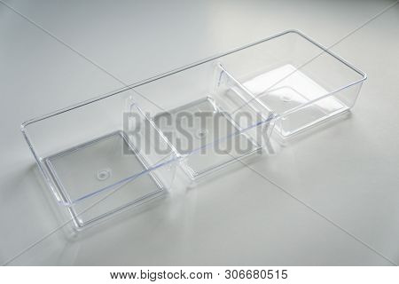 Acrylic Clear Plastic Organizer With 3 Compartments On A White Background.