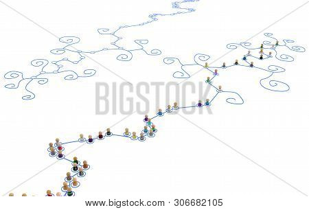Crowd Of Small Symbolic 3d Figures Linked By Lines, Curl Branch Occupied And Empty, Over White, Hori