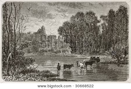 มุมมองเก่า Montigny-ซูร์-Loing ฝรั่งเศส สร้าง โดย Grenet เผยแพร่เมื่อเลองามทัวร์ ปารีส ค.ศ. 1867