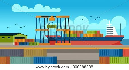 Ships In Dock. Loading Containers On Cargo Ship In Seaport Industrial Terminal. Marine Cargos Transp