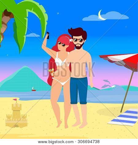 Young Loving Couple Leisure At Tropical Island. Man And Woman In Swimsuits Stand At Sunset Seaside B