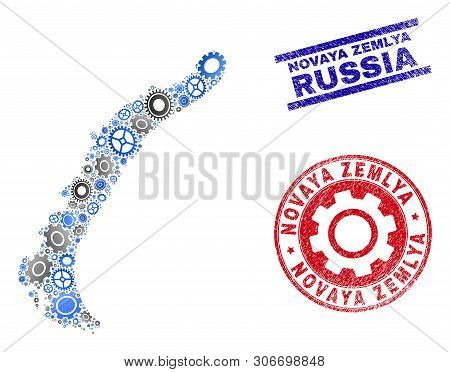 Gear Vector Novaya Zemlya Islands Map Collage And Seals. Abstract Novaya Zemlya Islands Map Is Creat