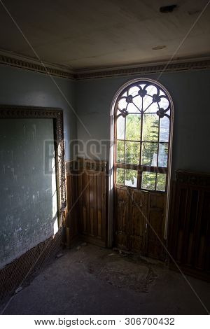 Tskaltubo, Georgia - April 27, 2019: Detail Of The Abandoned Soviet Sanatorium Meshakhte In Tskaltub