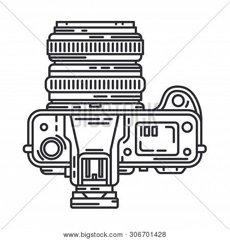 Line Vector Icon With Digital Slr Professional Camera. Photography Art. Megapixel Photocamera. Carto