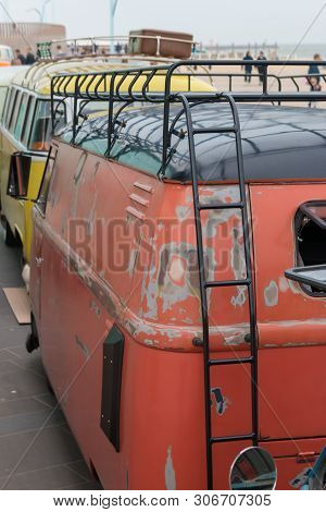 Scheveningen, The Hague, The Netherlands - May 26 2019: Row Of 1960s Classic Style Vw Transporter Co