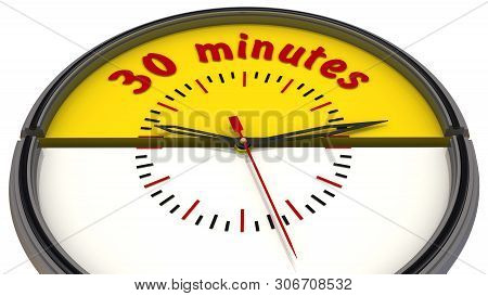 Thirty Minutes On The Clock. The Time Interval Of Thirty Minutes On The Analog Clock. Isolated. 3d I
