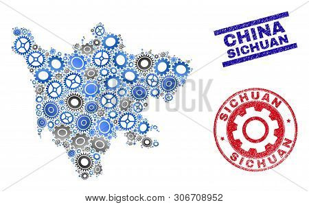 Mechanics Vector Sichuan Province Map Composition And Stamps. Abstract Sichuan Province Map Is Const