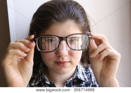 Happy Teenager Shortsighted Girl With Myopia Wearing New Sight Correction Glasses Smile