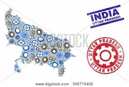 Gear Vector Uttar Pradesh State Map Mosaic And Stamps. Abstract Uttar Pradesh State Map Is Created W