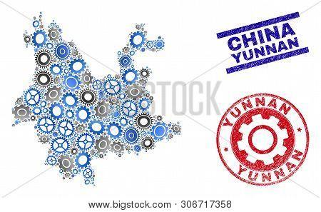 Industrial Vector Yunnan Province Map Mosaic And Seals. Abstract Yunnan Province Map Is Formed With 