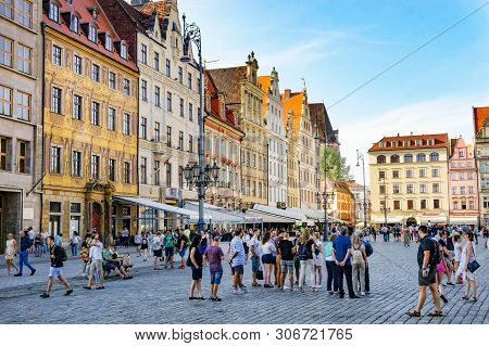 Poland. Wroclaw. May 28. 2019. Colorful Market Square In The City. Tourist Place. European Architect
