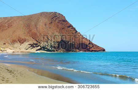Beautiful View Of Playa De La Tejita With Montana Roja (red Mountain). La Tejita Beach In El Medano,