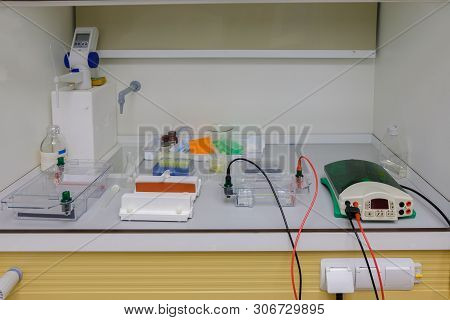Equipment For Gel Electrophoresis In Laminar Box At Biochemical Laboratory.