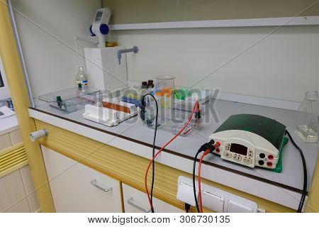 Equipment For Gel Electrophoresis In Laminar Box At Biochemical Laboratory.