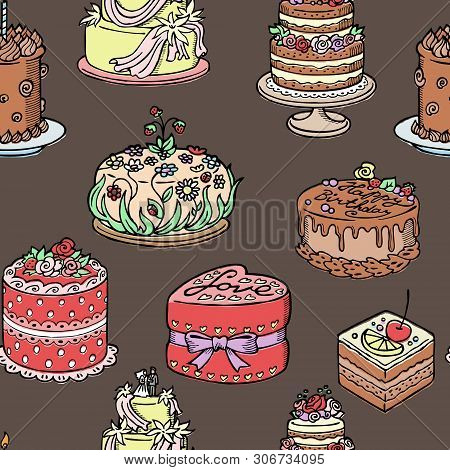 Seamless Pattern With Wedding, Birthday And Big Party Cakes. Various Cakes With Hearts And Cherries 