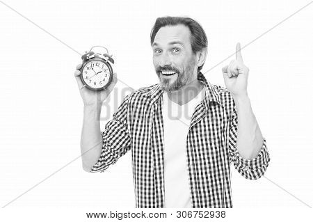 Man Casual Style Hold Alarm Clock. Time Management And Procrastination. Take Control Of Time. Check 