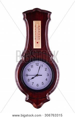 Wall Clock In A Wooden Frame On A White Background. Fernambuk