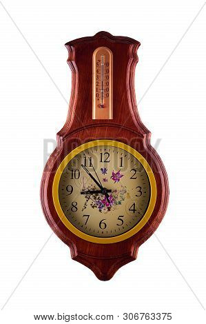 Wall Clock In A Wooden Frame On A White Background. Beech