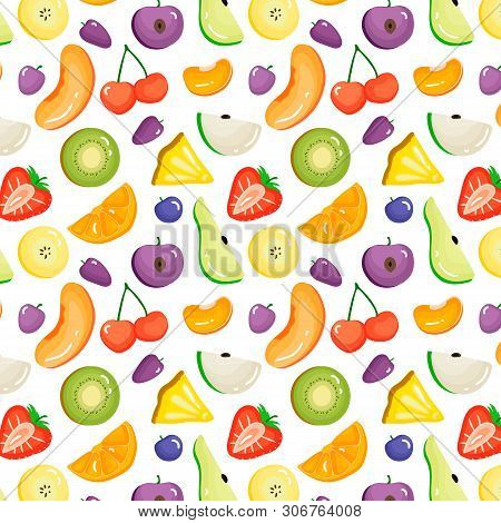 Cartoon Juicy Fruits Vector Pattern. Sweet Summer Farm Background. Slice Of Fruits Seamless.