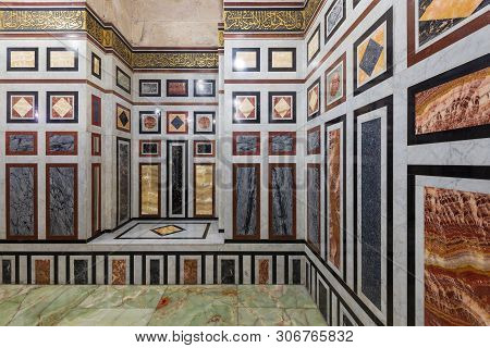 Cairo, Egypt- August 26 2018: Turkish Ceramic Tiles Wall, Ornate Ceiling And Stained Glass Windows, 