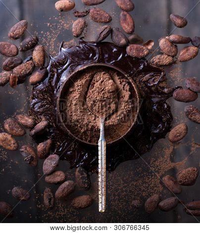 Cacao Beans, Powder, Cacao Butter And Chocolate Bar On Dark Background. Top View