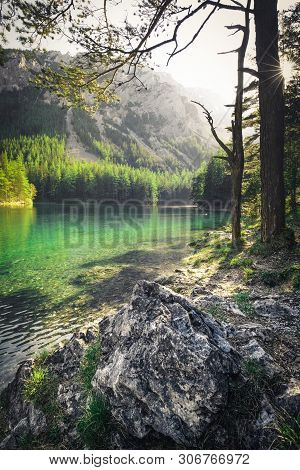 Green Lake In Styria With Mountain In The Background , Austria