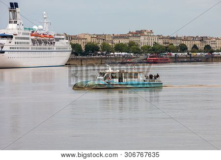 Bordeaux, France - September 9, 2018: Cruise Ships In The Garonne River Harbour. Bordeaux, Gironde. 