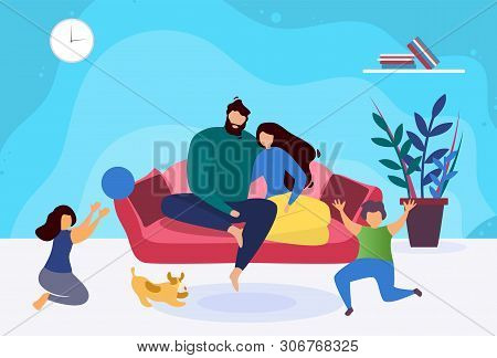 Happy Evening Family Relax Illustration. Father Hugging Mother While Sitting On Sofa. Children Playi