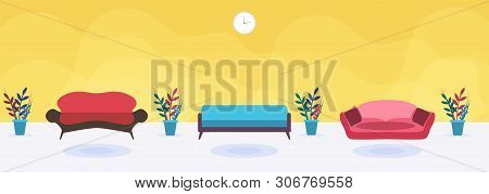 Waiting Room With Different Soft Upholstered Sofas Cartoon. Flat Fashion Comfortable Furniture And F
