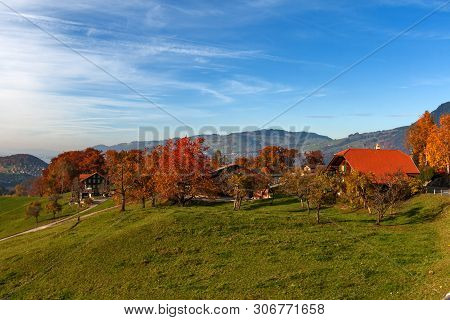 Amazing Autumn Panorama In Switzerland Apls Near Town Of Interlaken, Canton Of Bern